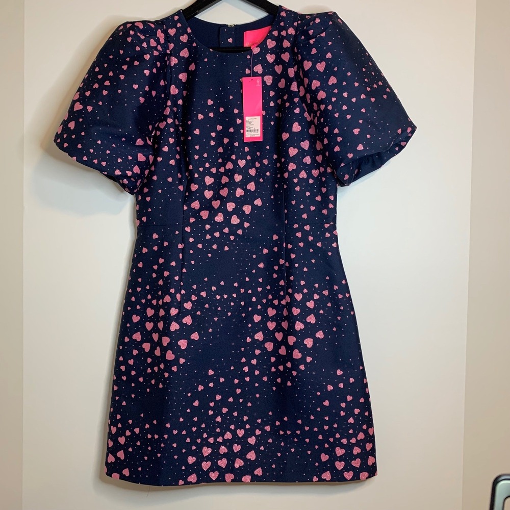 NWT Lilly Pulitzer Ailani Dress 8 Navy Pink Metallic Heart Jacquard Puff Sleeve